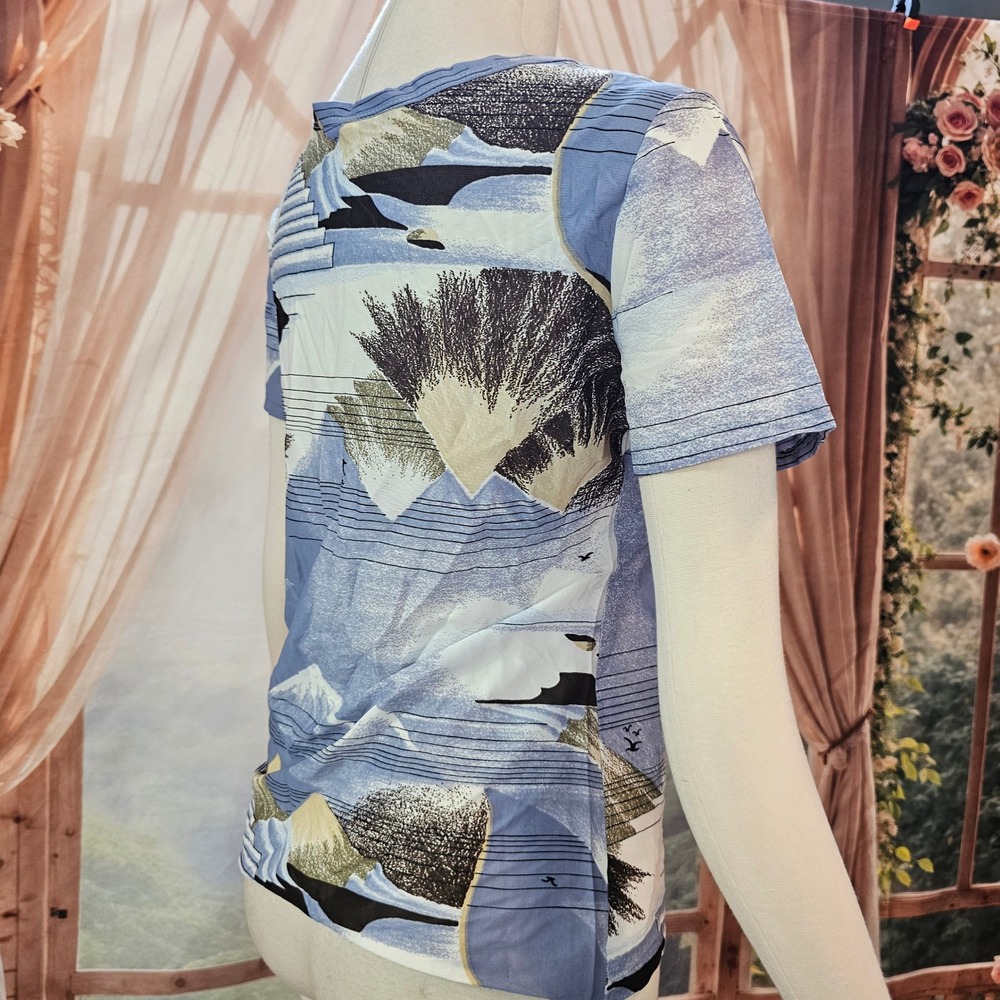 Vintage 1970s Top Shirt Merville Blue Beige Scenic Mountain Print Crew Neck - Picture 5 of 12